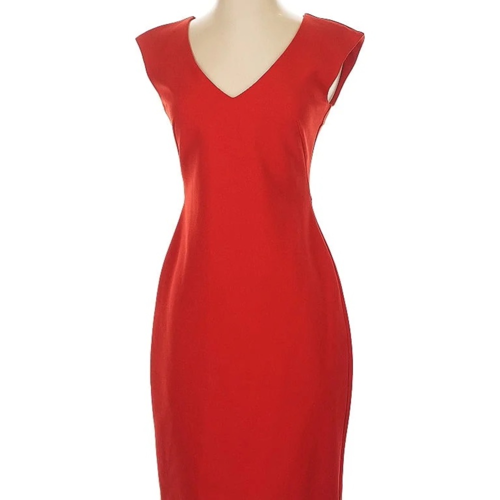 ann taylor reddish pink sleeveless midi dress with v neck and ruffles on back